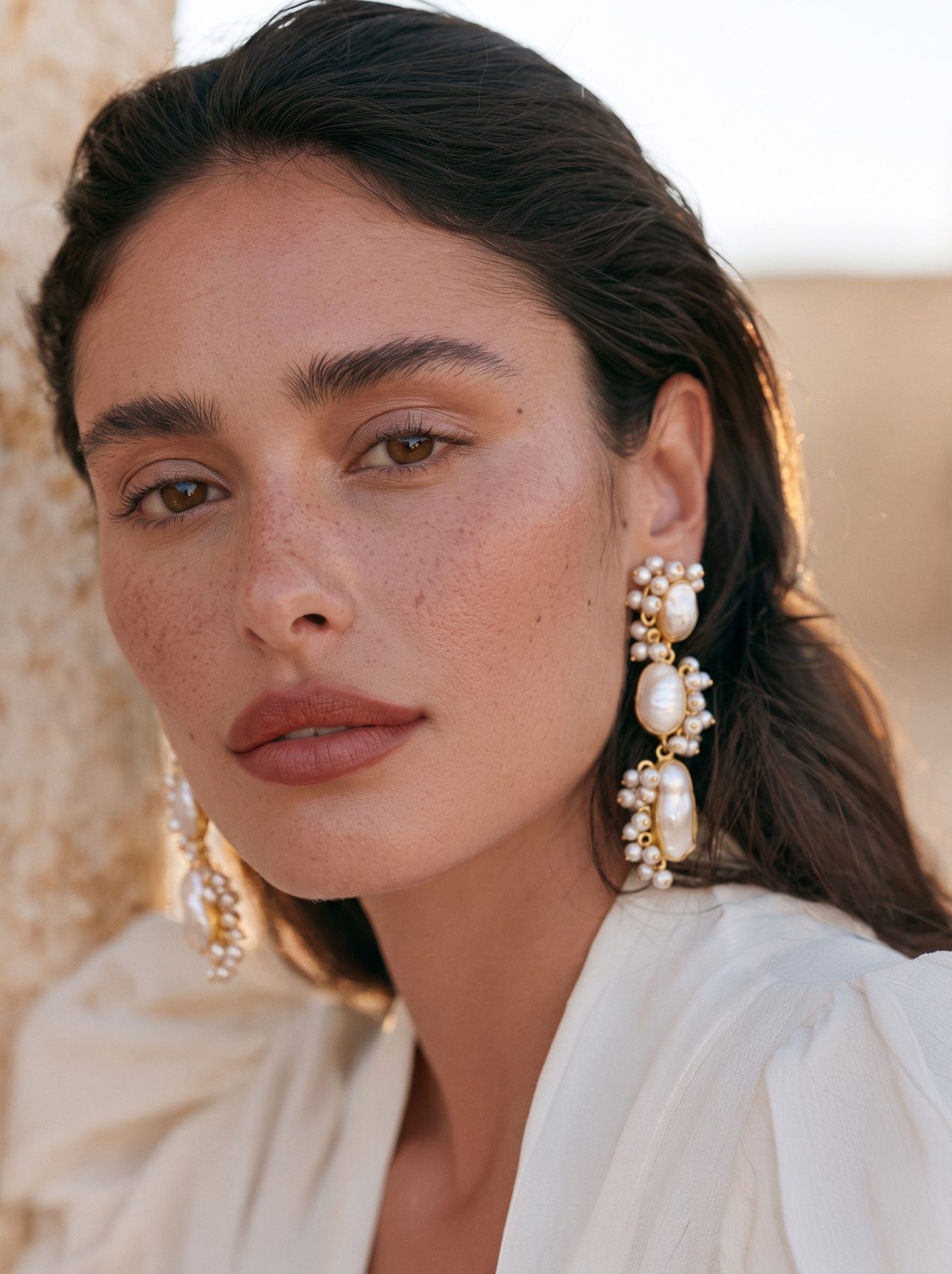From ILAYA Casa Perla: model in pearl cluster earrings and a white blouse