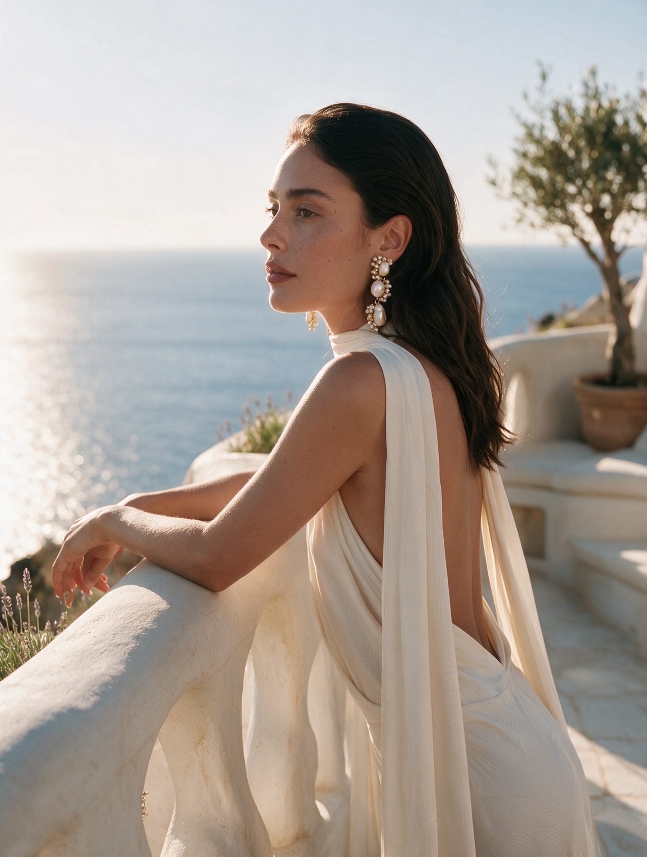 Model seen from behind at the balustrade, pearl drop earrings