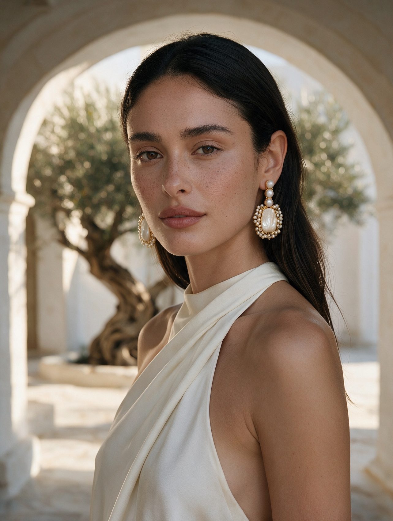 Portrait under a white arch with an olive tree behind