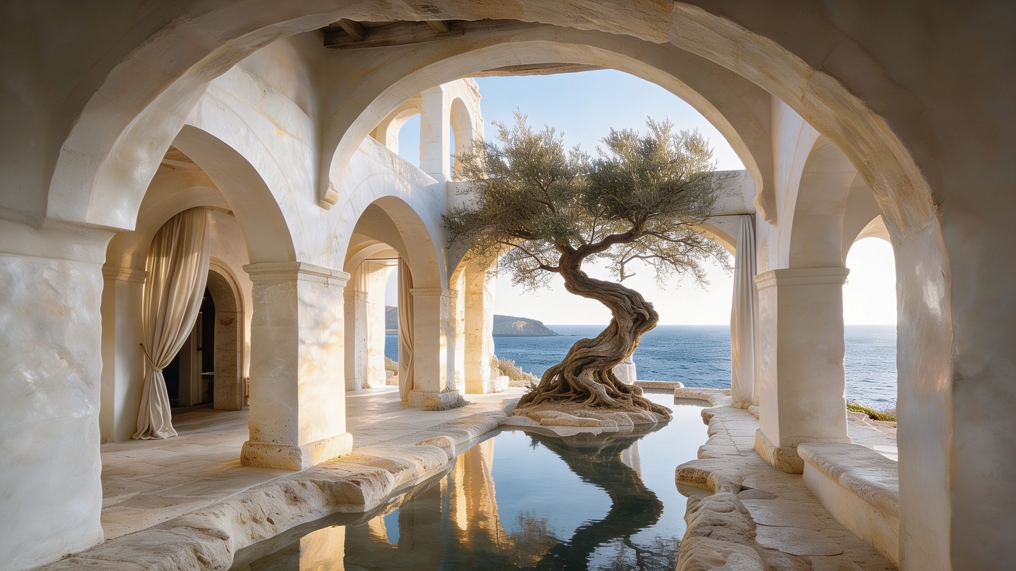 Twisted olive tree on a stone island in a reflecting pool, framed by white arches over the sea