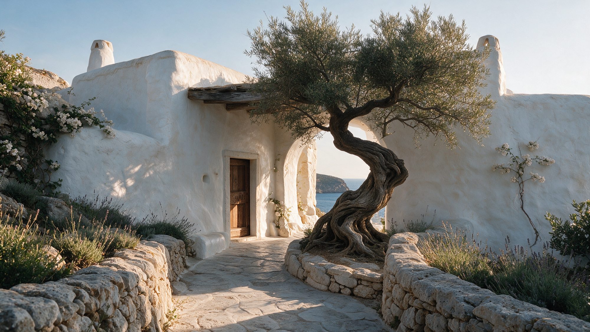 Whitewashed house with a wooden door and an old olive tree beside the path