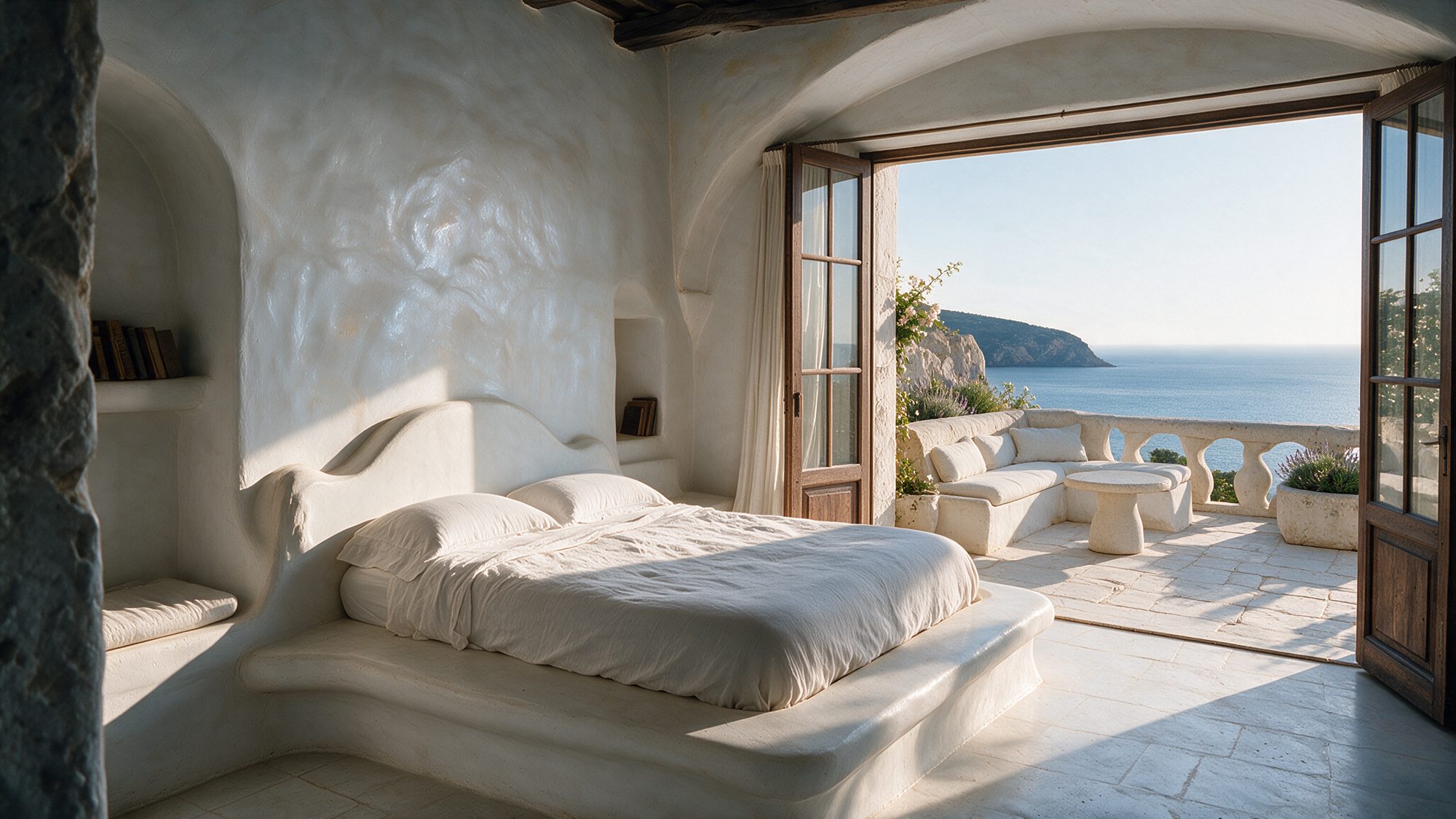 White plaster bedroom opening onto a sea-view terrace