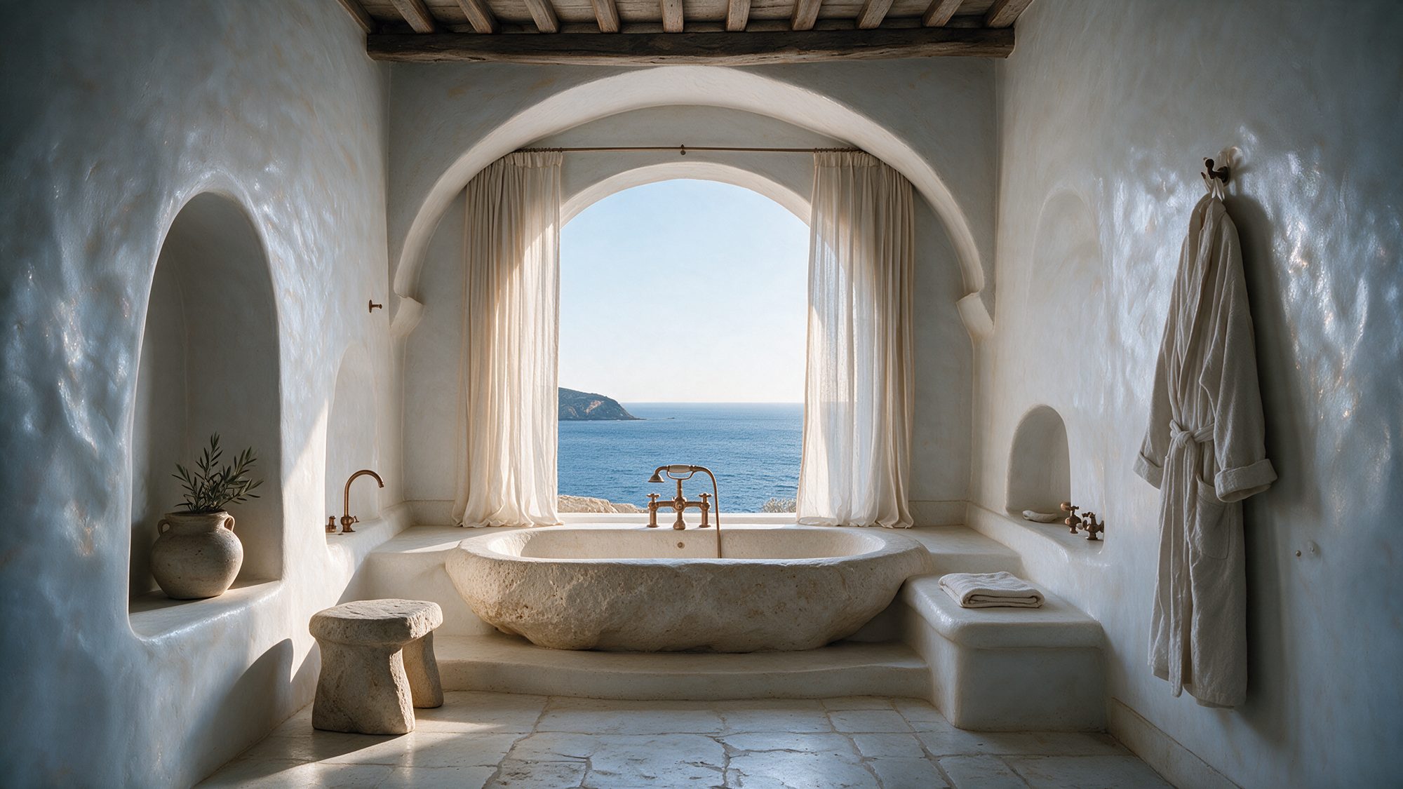 Carved stone bathtub beneath an arched window over the sea