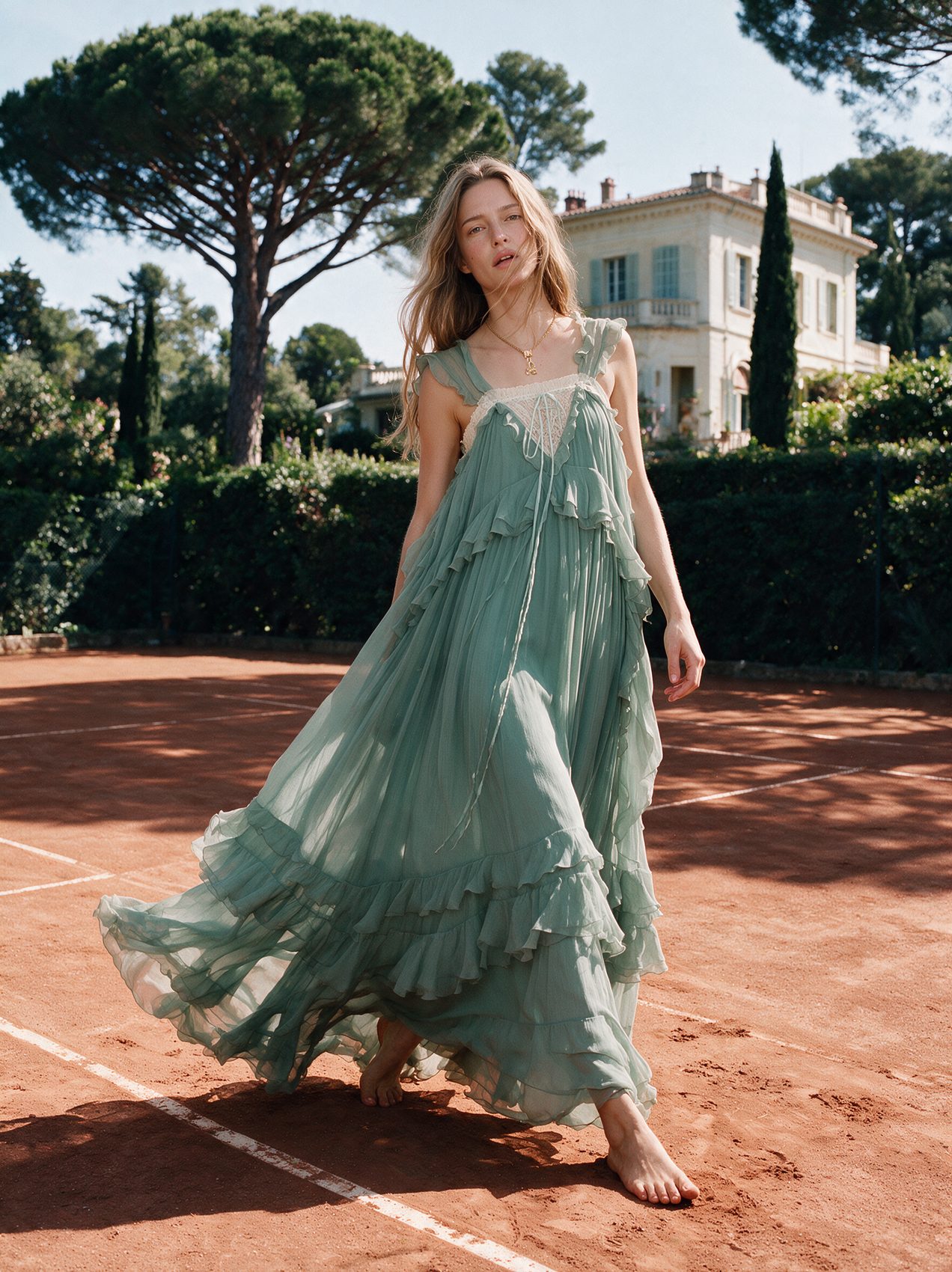 Model walking across the clay court in a green tiered dress