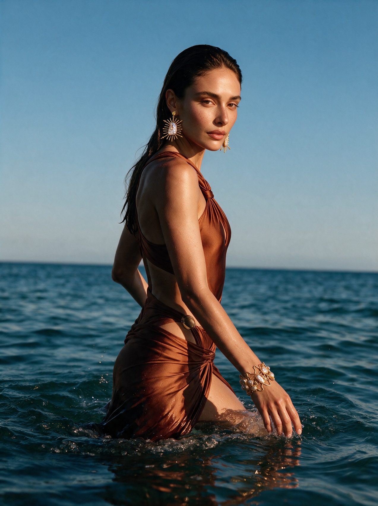 Model waist-deep in the sea wearing sunburst earrings and a pearl cuff