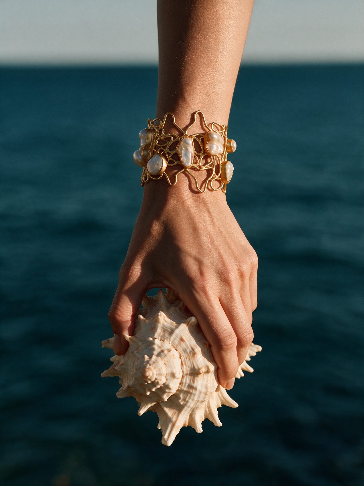 Hand holding a spiked shell, wearing a gold and baroque pearl cuff