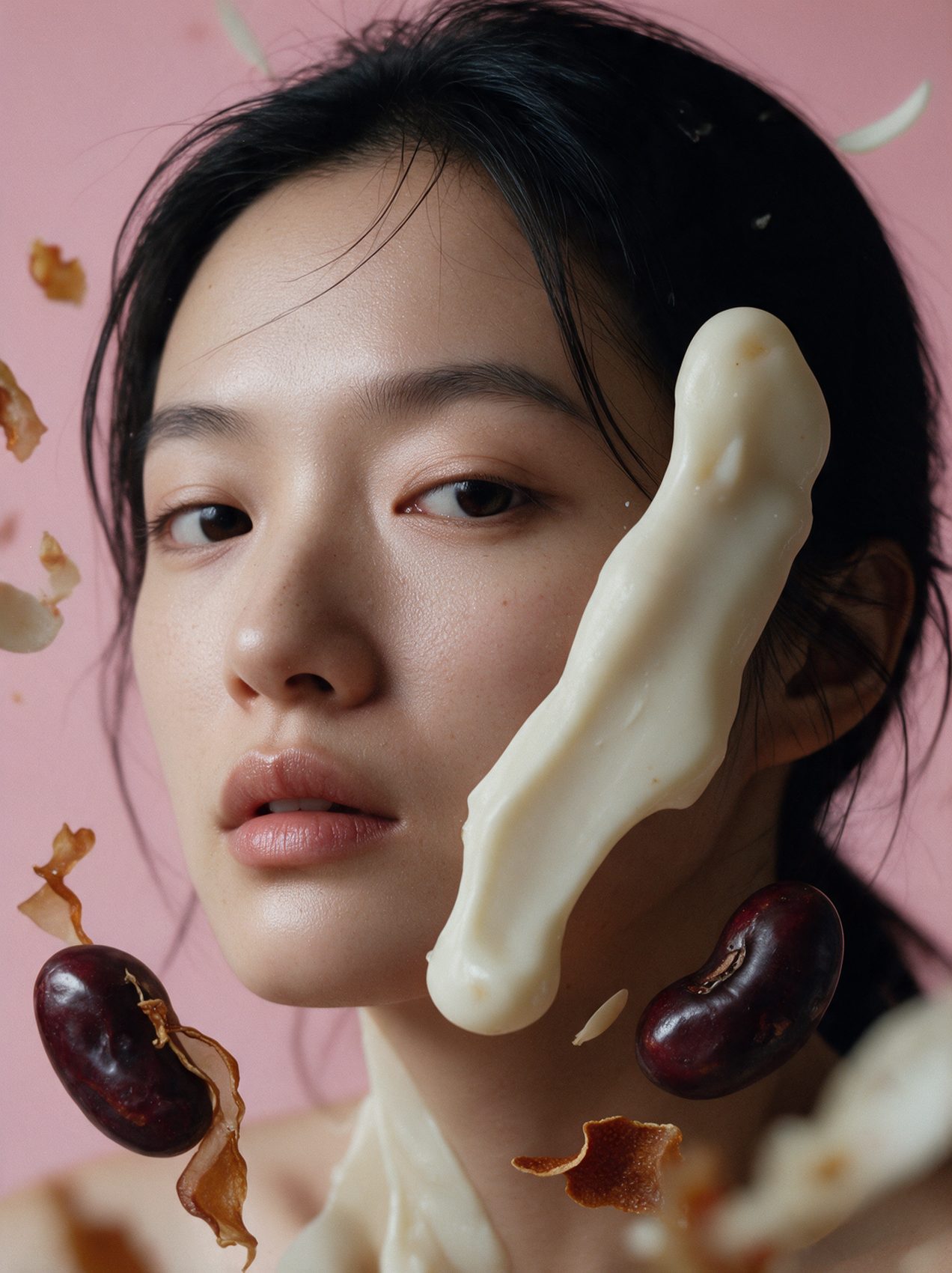 Beauty portrait with red beans and cream sculpture